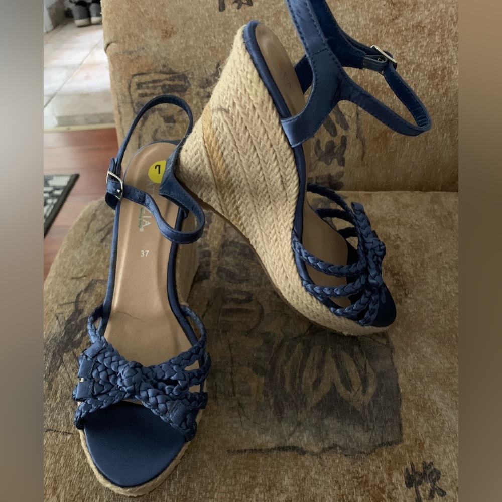 Patrizia by spring step blue satin espadrilles wedge size 37